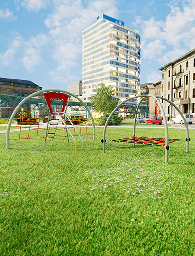 A render image of steel climbing structure for playgrounds.